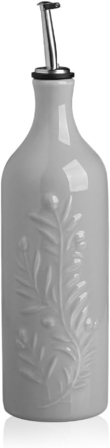 Large Ceramic Olive Oil Dispenser Bottle, 700ml Relief Opaque Oil Cruet Protects Oil To Reduce Oxidation,Oil Dispenser for EVOO, Vinegar, Soy Sauce, Pack of 1 (Gray)