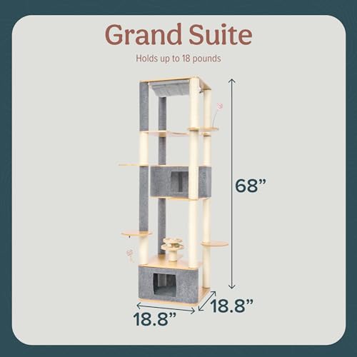 Image of Ascentials - Grand Suite Cat Scratcher Playground - Tall Cat Tower Playground Structure, Sisal Scratching Areas, Grey Felt, Bamboo Veneer w /Linen & Velvet Surface Areas