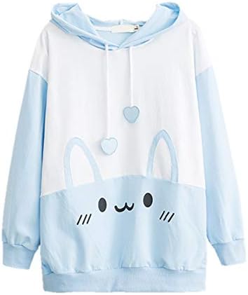 Packitcute Bunny Hoodie Kawaii Print Loose Casual Pullover Hoodie Tops (Blue, M)