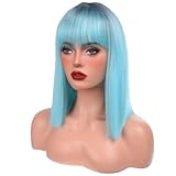 Aida ble Short Bob Wigs With Bangs - Straight bob wig for women Teal Blue Wig 12inch Synthetic wig Heat Resistant Fiber Hair Natural and stylish look suitable for cosplay parties