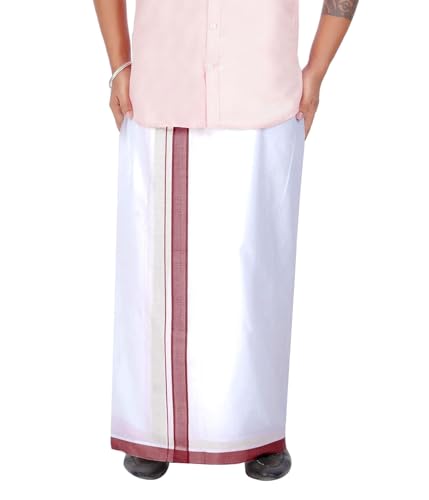 Cotton Dhotis for Men with Gold Zari Border | White Adjustable Dhoti with Pocket | Cotton Vesti Mundu (Cherry, Single Layer / 4 Mulam)2
