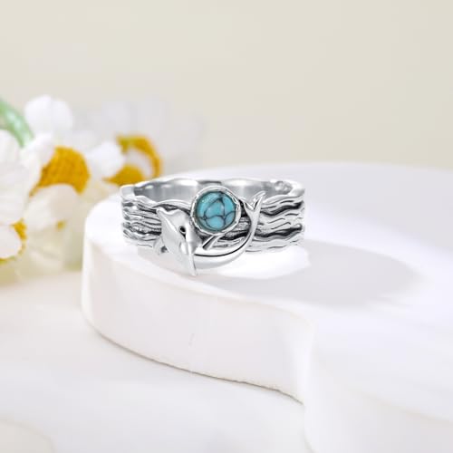 Dolphin Rings for Women 925 Sterling Silver Genuine Turquoise Ring Ocean Dolphins Rings Western Promise Rings Turquoise Jewelry Gifts for Mom Wife3