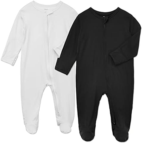 Aablexema Baby Footie Pajamas Zipper - Rayon from Bamboo Infant Footed Pjs with Mittens Sleepwear Jammies(White & Black,Newborn) Cover