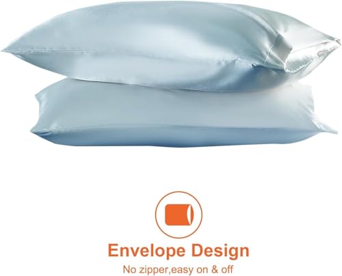 Image of Satin Pillow Covers Set of 2 - Soft & Smooth Pillowcases for Hair & Skin Care | Envelope Closure | Includes 3 Free Random Color Scrunchies | Frizz-Free Sleep Essentials (Sky Blue)
