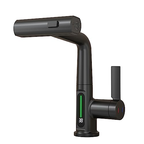 Weirun Bathroom Single Handle Basin Sink Pull Out Faucet with Rainfall Spray Head Temperature Digital Display Vanity Mixer Tap Matte Black