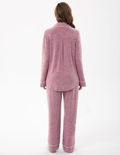 Image of UMBY Women's Silk Satin Pajama Sets, 2 Piece Silky Pjs Sets for Women, Soft Pajama Set with Long Sleeve Top and Pants Light Pink