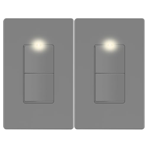 Image of LIDER Lighted Double Switch with Screwless Wall Plate, Combination Frameless Decorator Switch with Locator Light, Ground Terminal Single Pole, 15A 120V, UL Listed, Thermoplastic, Matte Gray, 2-Pack