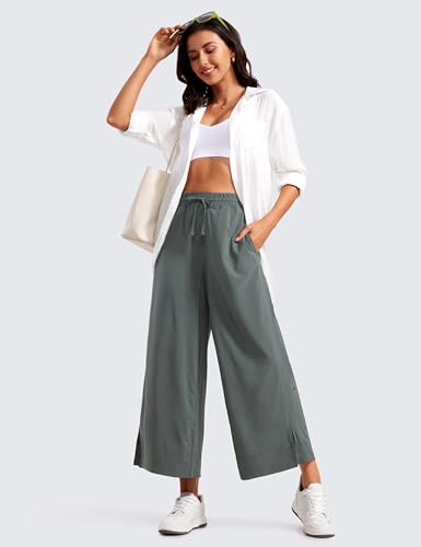 Image of CRZ YOGA Lightweight Wide Leg Crop Pants 25 inch | Casual, Travel, Comfy, Soft, Split, Loose Fit, Pockets, for Women