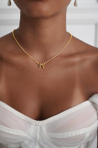 Gold Bow Necklace for Women - 14K Gold Plated Dainty Gold Necklace Cute Small Tiny Bow Pendant Choker Chain Necklace Trendy Necklaces Chrismast Gifts ffor Women Gold Jewelry2