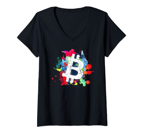 Donna T-shirt Bitcoin Art Maglietta con Collo a V