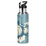 KAAVIYO Voleibol De Arte Botella de Agua Deportiva con Pajita Acero Inoxidable Frasco de Vacío Aislamiento 600ML para Deporte Gimnasio Ciclismo