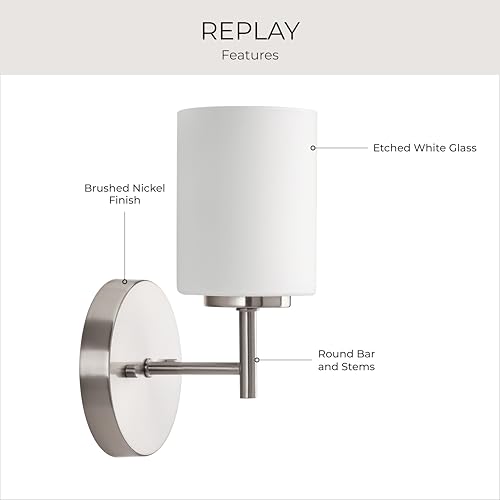 Image of Progress Lighting Replay Collection 1-Light Etched White Glass Modern Bath Vanity Light Brushed Nickel, E26