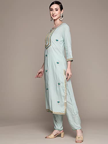 Image of ishin Women's Viscose Rayon Embroidered A-Line Kurta suit set With Dupatta & Pants
