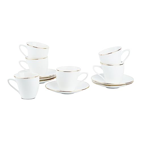 Image of Dandy Lines England Alpine Gold Band Coffee Mug & Cup Set, 6 Cups & Saucers, Elegant White, Bone China, Pack of 12, Microwave & Dishwasher Safe, Great for Hosting & Gifting