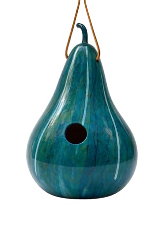 Blue Striped Handmade Gourd Birdhouse – Ink Dyed Natural Bird House for Outdoors, 9–11 Tall, 1.5 Entrance Hole for Wrens, Chickadees & Bluebirds, Hanging Garden Decor with Drainage