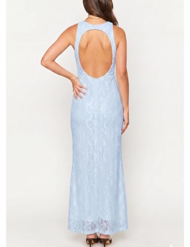 Image of Elegant Lace Floral V Neck Backless Bodycon Dresses for Women Sexy Cut Out Low Back Sleeveless Maxi Dress Wedding Guest