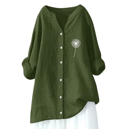 3/4 Sleeve Gauze Tops for Women V Neck Summer Oversized 2026 Blouses Solid Color Long Sleeve Ladies Casual Tunic Embroidered Trendy Bell Sleeve Linen Shirts Spring Loose Fit Peplum Army Green
