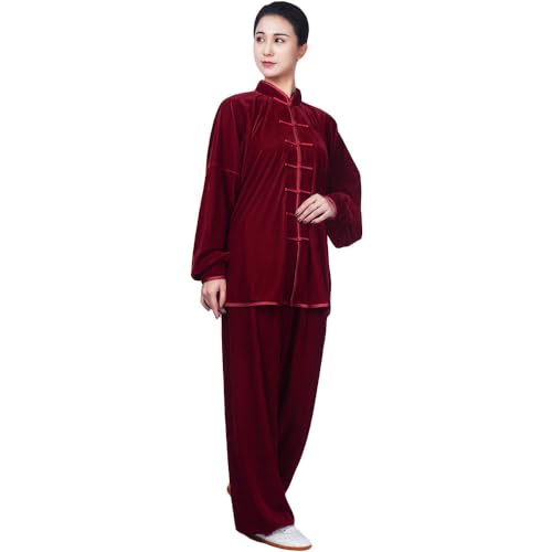 G-LIKE Tai-Chi Kleidung Anzug Verdickung - Kampfsport Kung Fu Taiji Qigong Wing Chun Shaolin Wushu Training Uniform Herbst Winter Morgengymnastik Bekleidung für Männer Frauen - Pleuche (Rot, M)