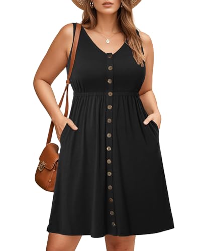 Holipick Women's Plus Size Summer Dresses for Women Casual Dress with Pockets A-Line Swing Button Down Sleeveless V Neck