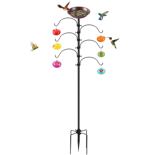 Glass Hummingbird Feeders with Shepherds Hook, Adjustable 63in Height Bird Feeder Pole(6 Feeding Stations)-Humming Bird Feeder with Bath- or Garden Decor, Leak Proof, Easy to Fill and Clean
