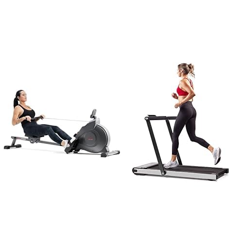 Image of Sunny Health & Fitness Magnetic Rowing Machine with Exclusive SunnyFit App + Sunny Health & Fitness Premium Slim Folding Treadmill with Speakers