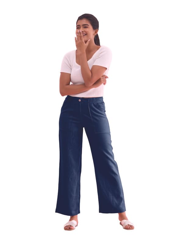 Image of GO COLORS Solid Linen Cargo Pants for Women | Full Length, Mid Rise, Side Pockets