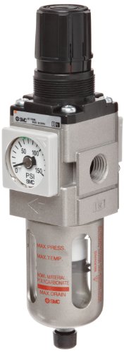 SMC AW20-N02CE-CRZ Filter/Regulator, Right to Left Flow, Polycarbonate Bowl with Bowl Guard, 5 Micron, Float Auto Drain (N.C.), Relieving Type, 7.25 - 123 psi Set Pressure Range, 28 scfm, Square Embedded Gauge, 1/4" NPT