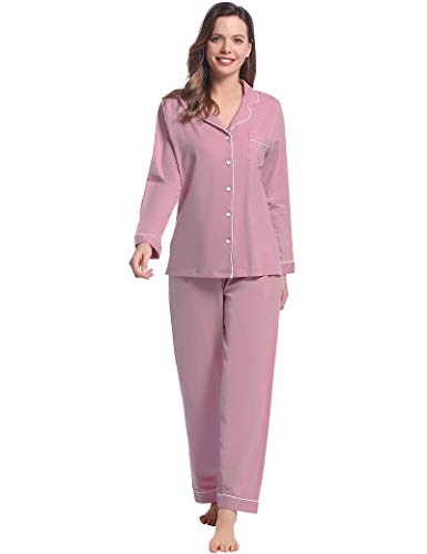 Ladies Jersey Cotton Sleepwear/Pajamas/Pyjamas/Pjs/Lounge Set Long Sleeve(Dark Pink,Large) #TOP3