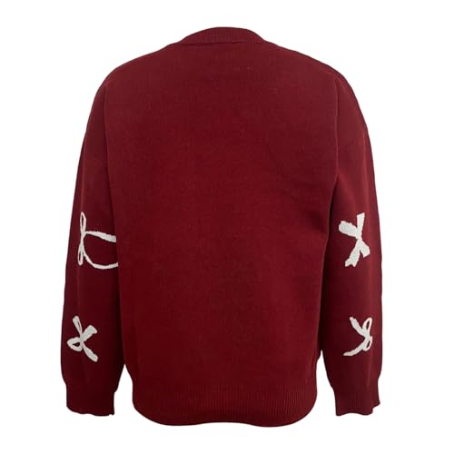 Image of Women Cute Bow Knit Sweater Y2k Long Sleeve Crew Neck Knitted Pullover Top Oversized Going Out Fall Winter Knitwear