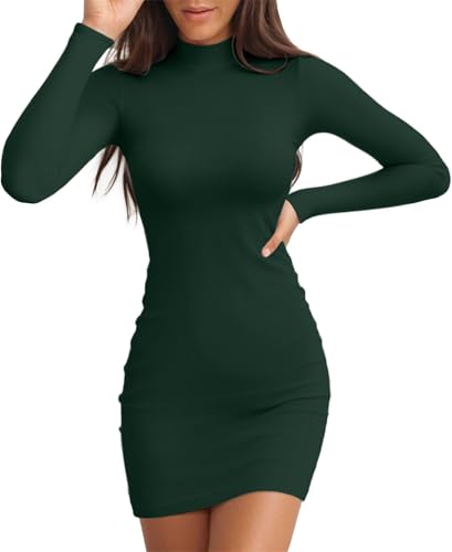 Image of TrendiMax Women's Long Sleeve Mock Turtle Neck Dress Ribbed Knit Bobycon Pencil Dress Slim Fit Sexy Party Mini Dresses Dark Green