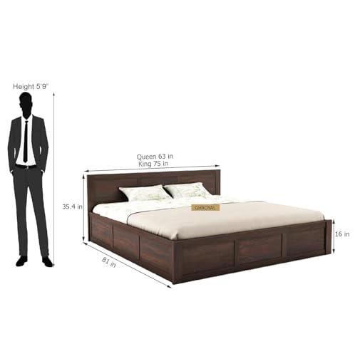 Image of Solid Sheesham Wood King Size with Hydraulic Storage | Wooden Double Bed Cot Palang Furniture for Bedroom Living Room and Home (Walnut Finish)