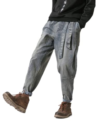 Men's Japanese Cargo Jeans Wide Leg Loose Baggy Harem Pants Elastic Waist Capri Pants