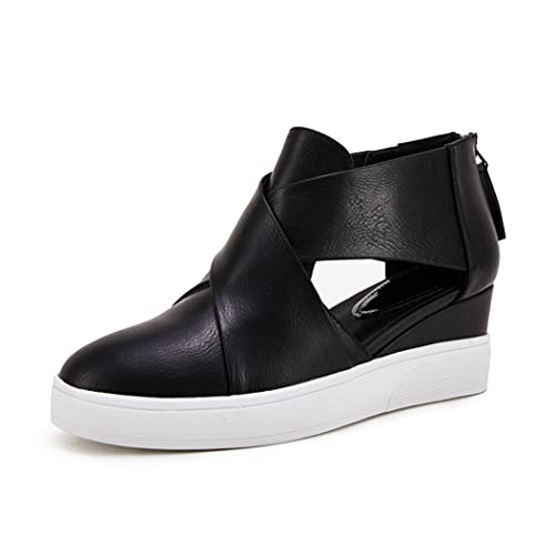LAICIGO Women's Cut Out Wedge Crisscross Platform Closed Toe Slip-on Summer Slippers Sneakers, 1-black, 9