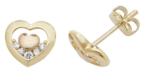 Boucles d'oreilles or 375/1000 coeur et oxyde de zirconium, cadeau femme idéal