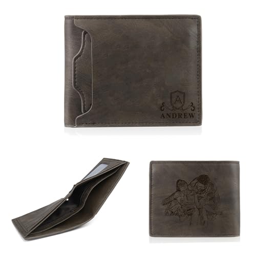 Personalized Leather Wallet for Men with Initial Name Custom Photo Bifold Engraved Wallet Customized Christmas Birthday Gifts for Dad Grandpa Husband (Style 4)