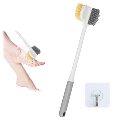 Cepillo Ducha Espalda con Mango Largo, 35 cm Cepillo para Masaje de Lavado de Pies, Baño Espalda con 1 Gancho Autoadhesivo, Pies la Ducha No es Necesario Agacharse para Personas Mayores, Embarazadas
