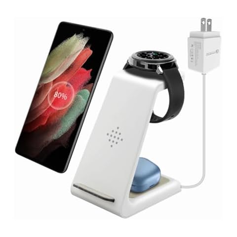 3C Light Wireless Charger,3 in 1 Qi-Certified Portable Fast Wireless Charging Station for Samsung Serise S20/Note 10/S9/S8 Samsung Galaxy Watch (with Power Adapter) White Cover