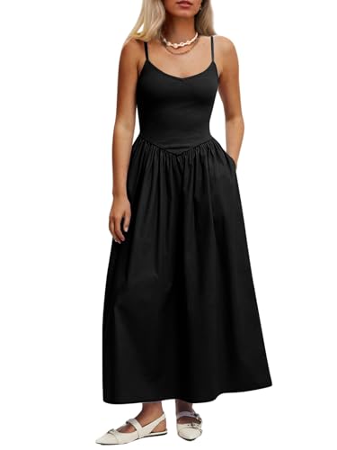 Image of Mieazom Women's Sleeveless V-Neck Maxi Dress with Pockets - Slim Fit Casual Summer Spaghetti Strap Dress for Vacation