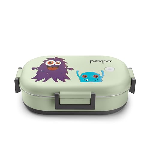 Image of Go24 pexpo Tango Monster(Purple) Print Stainless Steel Insulated Tiffin Box for Kids (650ml) and Small Container(150ml) with Spoon - Green| | Anti-Skid Rubber Base|Kids Lunch Box for School, Picnic