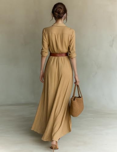 Women's Khaki Lapel Single-Breasted Belted Maxi Dress Long Sleeve Elegant Office Business Formal Casual Wear3