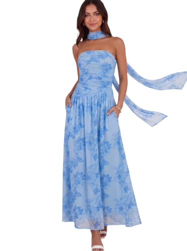 GERT COREL Women's Strapless Ruched Maxi Dress with Scarf, Wedding Guest