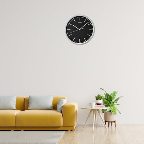 Image of SEIKO Elegant Round Silver Plastic Analog Home Decor Black Dial Wall Clock with Sweep Movement (Size: 30.5 x 4.5 x 30.5 CM | Weight: 670 gram | Color: Silver)