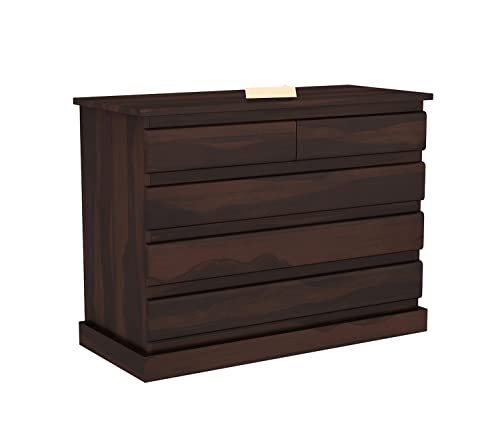 Image of Sheesham Wood Chest of Drawers 5 Drawers Wooden Dresser with Storage Organizer for Bedroom Living Room Home (Walnut Finish)