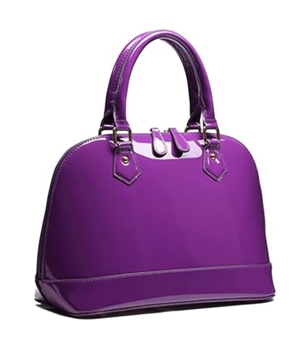 Bolsa de couro envernizado, bolsa com zíper, bolsa de ombro com vários bolsos, bolsa de ombro grande brilhante com alça superior, Roxa