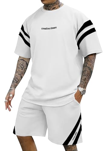 Epoleatriesメンズショーツセット2ピースアウトフィットサマートックスーツストライプTシャツとパンツセットショーツスリーブスウェットスーツ, ホワイト, Largeの商品画像（Amazon）