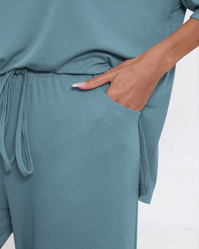 Womens Lounge Set 2 Piece Outfits Casual Loose Fit Short Sleeve Tops and Wide Leg Pants Tracksuits3