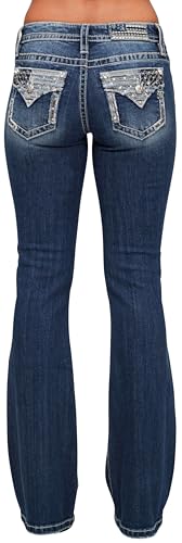 Miss Me Women's Star Spangled Chic Mid Rise Bootcut Jeans with Faux Flap Pockets