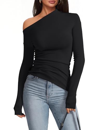 Meetrendi Women's Sexy Off Shoulder Going Out Tops Long Sleeve Asymmetrical Slim Fit Trendy Fall Shirts Black M