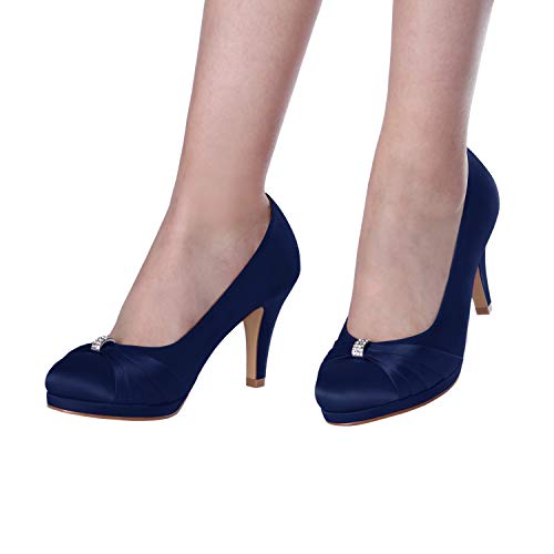 ERIJUNOR Women Comfortable Mid Heel Pumps Closed Toe Rhinestones Brooch Satin Evening Prom Wedding Shoes2