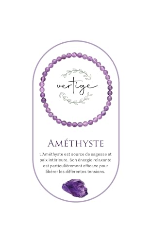 VERTIGE Lithotherapie-Armband aus natürlichen Mineralsteinen, Quelle des Wohlbefindens und des Körpers, bringt RUHE und KLARHEIT, hilft, Stress zu kanalisieren, Frau/Mann (4mm, AMÉTHYSTE)